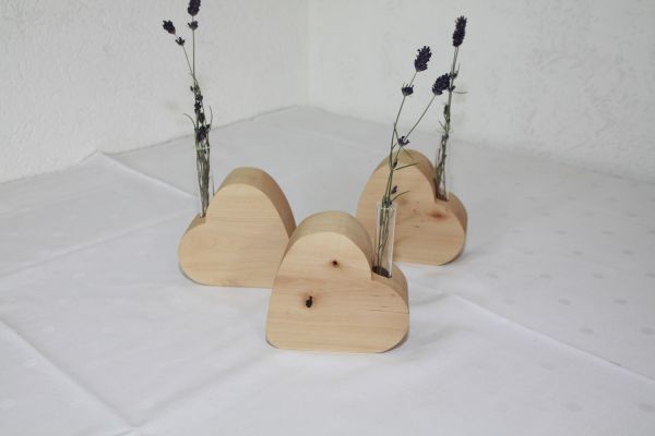 Holzherz, Vase, Herz mit Reagenzglas im 3er Set, Massivholz
